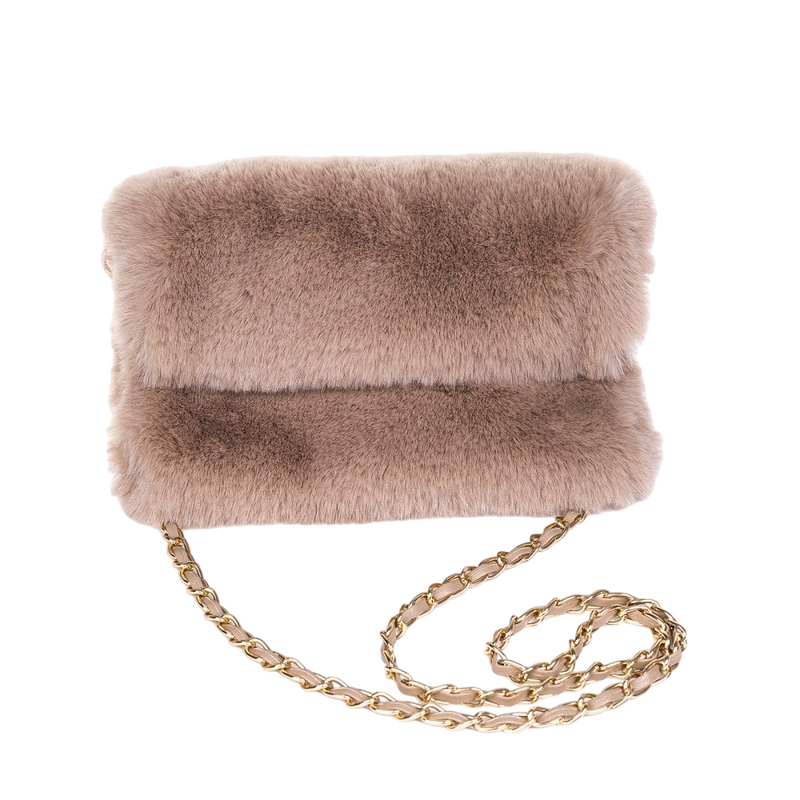 Faux Fur Crossbody Bag with Chain Strap | Cappuccino Beige