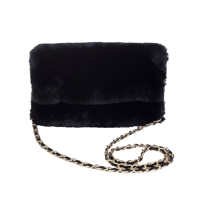 Faux Fur Crossbody Bag with Chain Strap | Raven Black