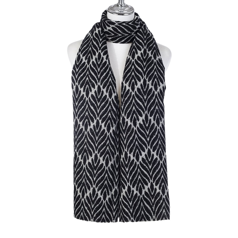 Leaf Print Scarf with Fringe | Black & White