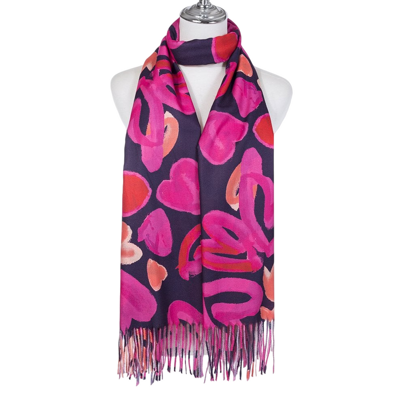 Painted Heart Print Scarf with Fringe | Pink Mix