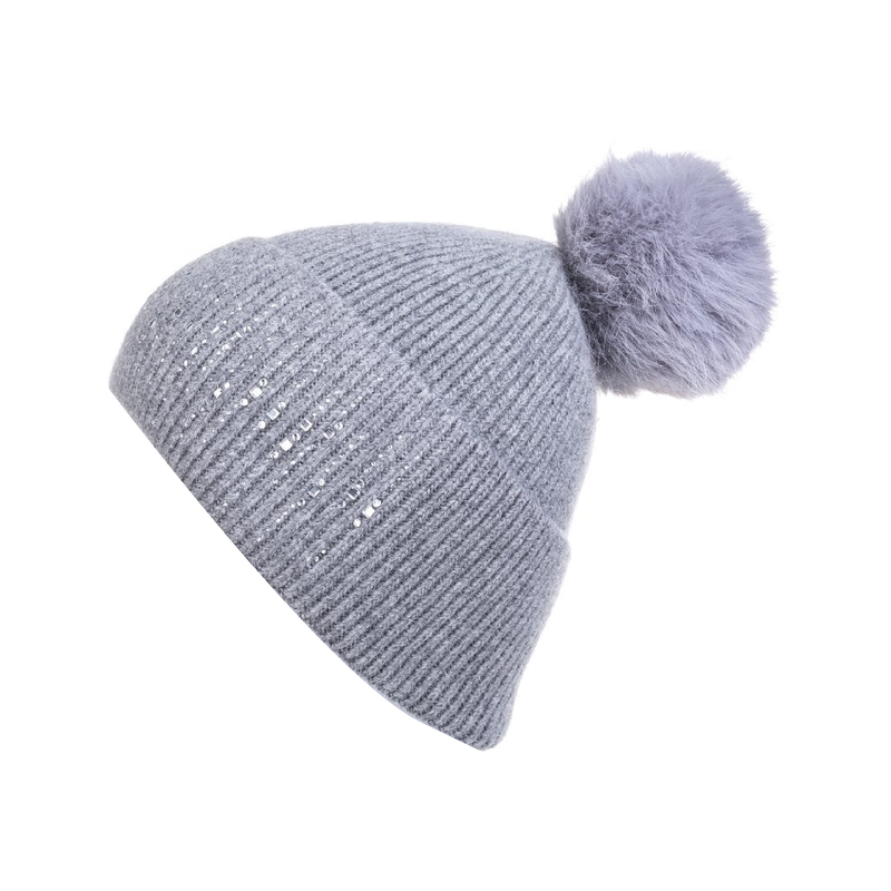 Ribbed Crystal Hat with Faux Fur Pom Pom | Soft Grey