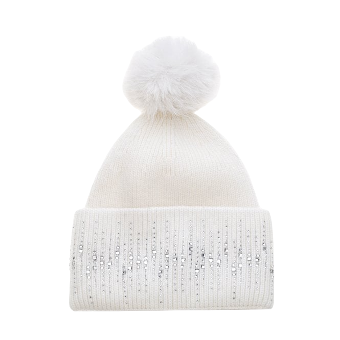 Ribbed Crystal Hat with Faux Fur Pom Pom | Winter White