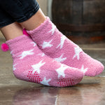 Star Print Slipper Socks with Pom Poms | Seafoam & Pink | Set of 2