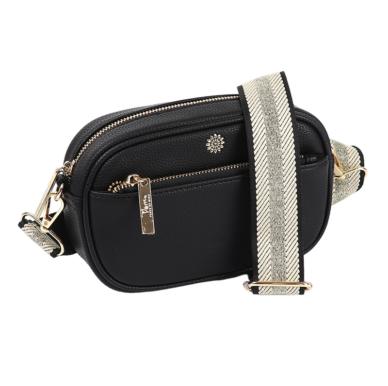 Vegan Leather Camera Bag with Woven Strap | Black