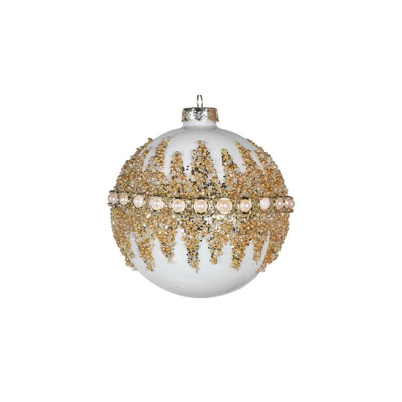 Glass Beaded Bauble | White & Gold