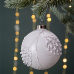 Embossed Leaf Christmas Tree Bauble with Glitter | White & Silver