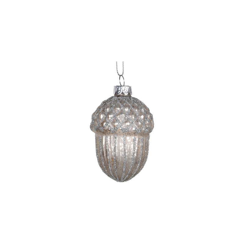 Frosted Glitter Acorn Christmas Tree Bauble | Silver