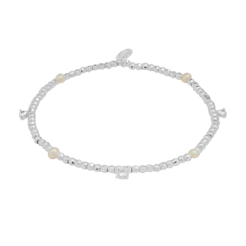 Halo Pearl Beaded CZ & Pearl Bracelet | Silver Plated