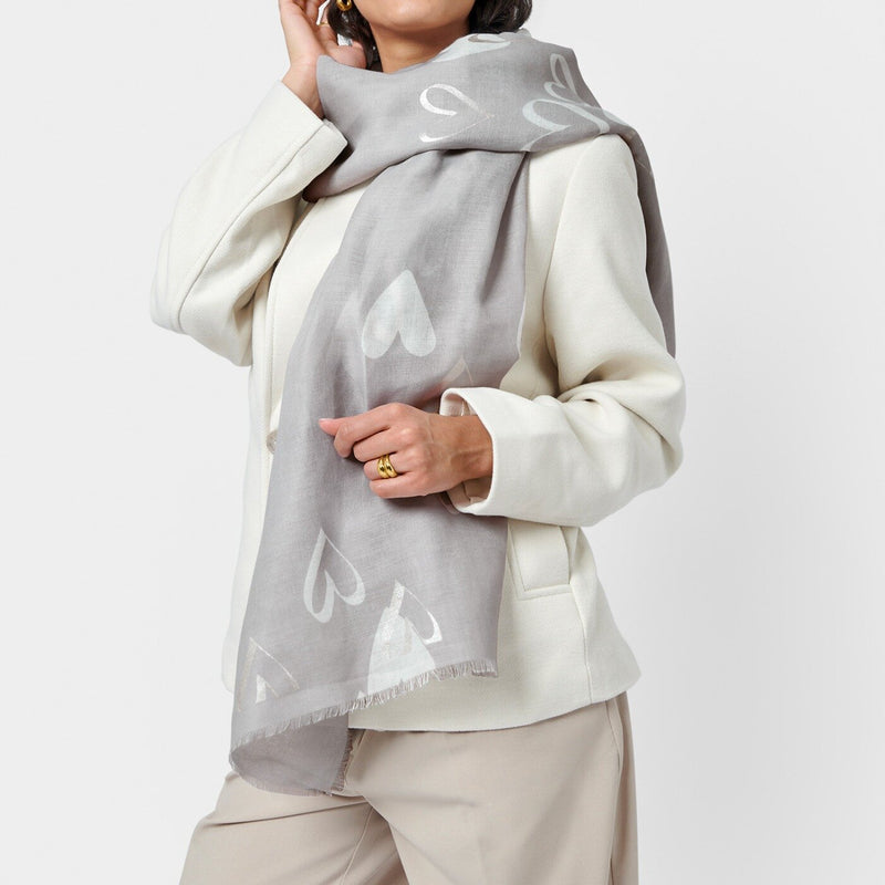 Heart Foil Print Scarf | Pale Grey, White & Silver