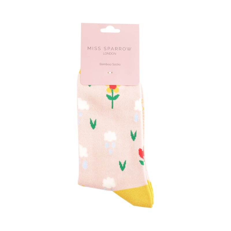 Bamboo Socks | Rain Clouds & Flowers | Pastel Pink