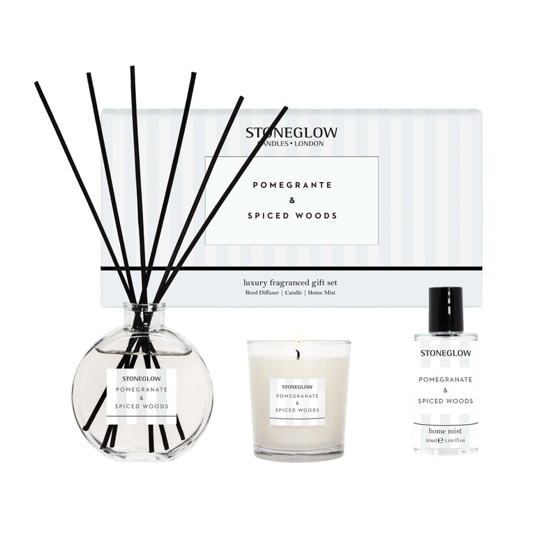 Modern Classics Gift Set | Pomegranate & Spiced Woods | Reed Diffuser, Candle & Home Mist