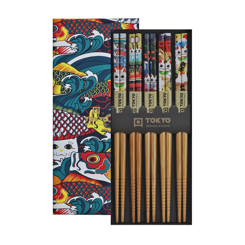 Lucky Cat & Koinobori Round Chopstick Set | 5 Piece