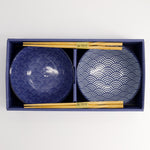 Nippon Tayo Bowl & Chopsticks Set | Blue & White | 4 Piece