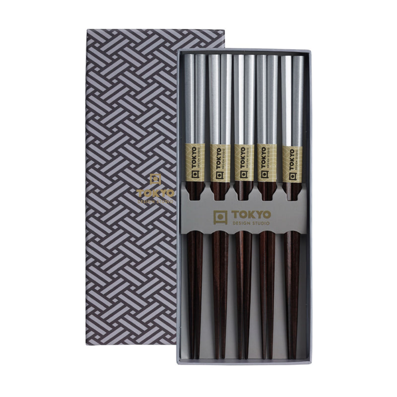 Platinum Hexagon Chopstick Set | Silver & Brown | 5 Piece