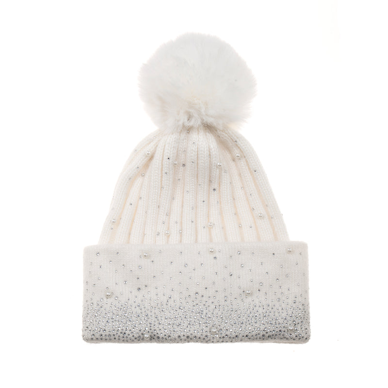 Faux Fur Pom Pom Hat with Rhinestones | Winter White